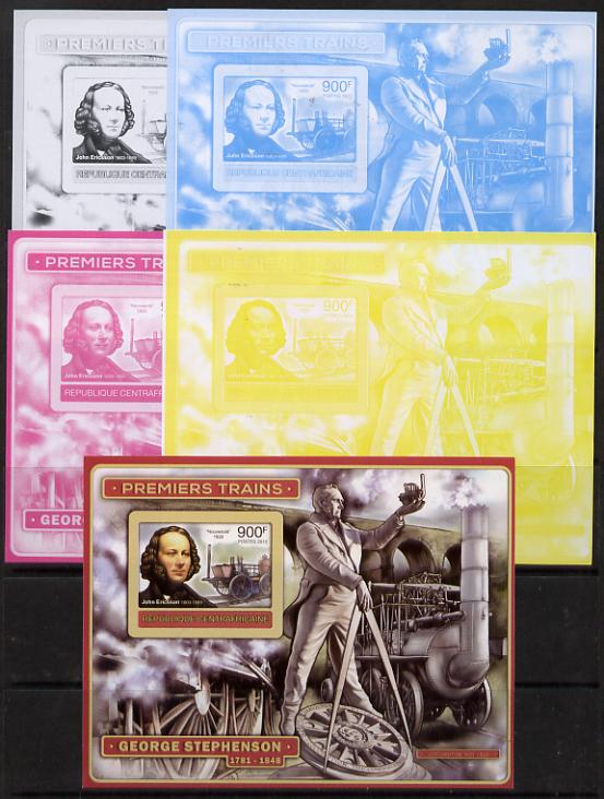 Central African Republic 2012 Early Trains - John Ericsson deluxe sheet - the set of 5 imperf progressive proofs comprising the 4 individual colours plus all 4-colour composite, unmounted mint , stamps on railways, stamps on bridges