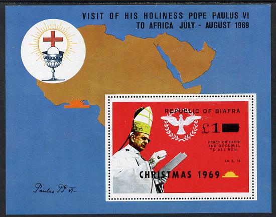 Nigeria - Biafra 1969 Christmas optd on Visit of Pope Paul m/sheet & surcharged \A31 unmounted mint (see note after SG 42), stamps on pope, stamps on popes, stamps on maps, stamps on christmas