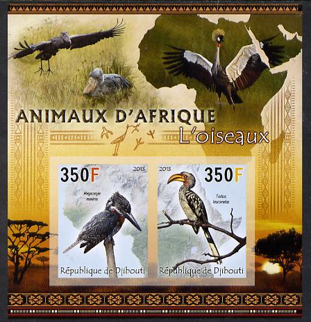 Djibouti 2013 Animals of Africa - Birds #1 imperf sheetlet containing 2 values unmounted mint, stamps on maps, stamps on birds, stamps on kingfishers