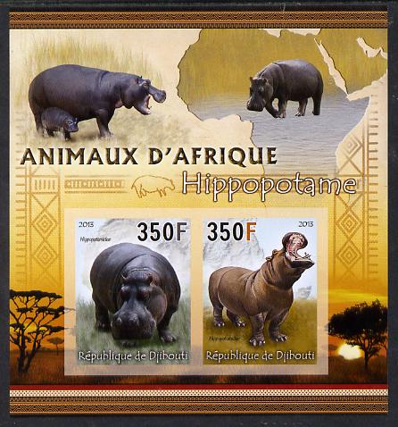 Djibouti 2013 Animals of Africa - Hippos imperf sheetlet containing 2 values unmounted mint, stamps on maps, stamps on animals, stamps on hippos
