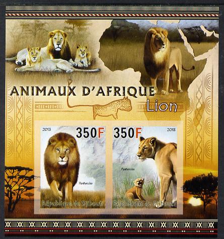 Djibouti 2013 Animals of Africa - Lions imperf sheetlet containing 2 values unmounted mint, stamps on maps, stamps on animals, stamps on lions, stamps on cats