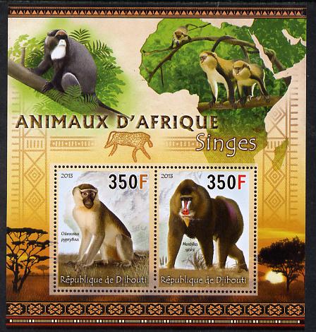 Djibouti 2013 Animals of Africa - Monkeys perf sheetlet containing 2 values unmounted mint, stamps on maps, stamps on animals, stamps on monkeys, stamps on apes