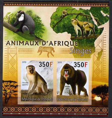 Djibouti 2013 Animals of Africa - Monkeys imperf sheetlet containing 2 values unmounted mint, stamps on maps, stamps on animals, stamps on monkeys, stamps on apes