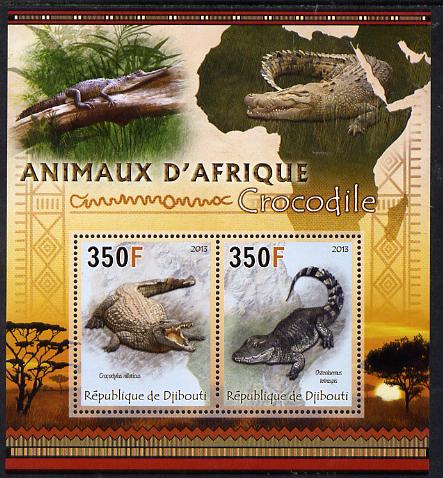 Djibouti 2013 Animals of Africa - Crocodiles perf sheetlet containing 2 values unmounted mint, stamps on , stamps on  stamps on maps, stamps on  stamps on animals, stamps on  stamps on crocodiles, stamps on  stamps on reptiles