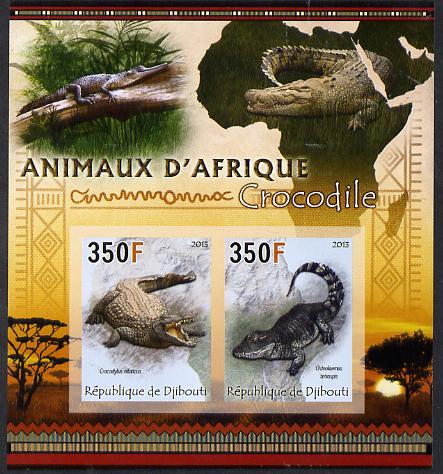 Djibouti 2013 Animals of Africa - Crocodiles imperf sheetlet containing 2 values unmounted mint, stamps on maps, stamps on animals, stamps on crocodiles, stamps on reptiles