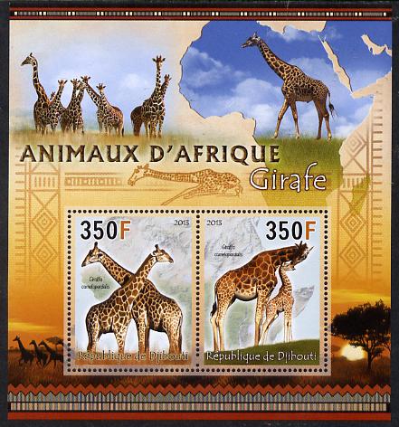 Djibouti 2013 Animals of Africa - Giraffes perf sheetlet containing 2 values unmounted mint, stamps on maps, stamps on animals, stamps on giraffes