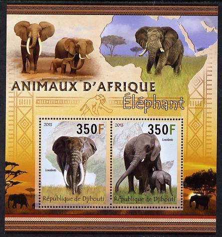 Djibouti 2013 Animals of Africa - Elephants perf sheetlet containing 2 values unmounted mint, stamps on maps, stamps on animals, stamps on elephants