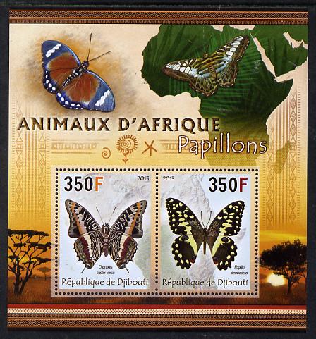 Djibouti 2013 Animals of Africa - Butterflies #1 perf sheetlet containing 2 values unmounted mint, stamps on maps, stamps on butterflies