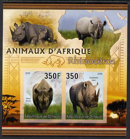 Djibouti 2013 Animals of Africa - Rhinos perf sheetlet containing 2 values unmounted mint, stamps on , stamps on  stamps on maps, stamps on  stamps on animals, stamps on  stamps on rhinos