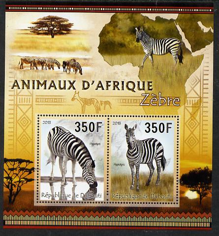 Djibouti 2013 Animals of Africa - Zebras perf sheetlet containing 2 values unmounted mint, stamps on maps, stamps on animals, stamps on zebras