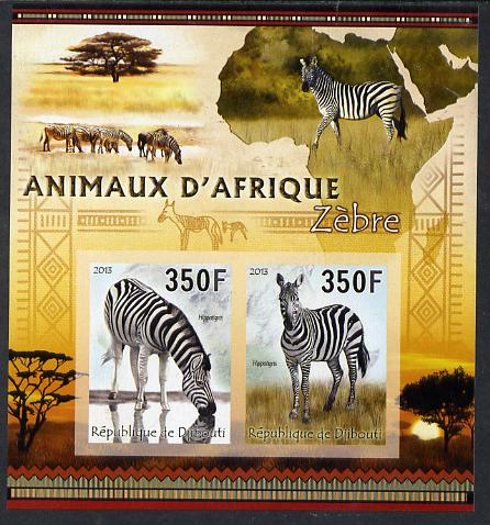 Djibouti 2013 Animals of Africa - Zebras imperf sheetlet containing 2 values unmounted mint, stamps on maps, stamps on animals, stamps on zebras