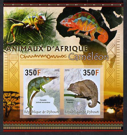 Djibouti 2013 Animals of Africa - Chameleons imperf sheetlet containing 2 values unmounted mint, stamps on maps, stamps on animals, stamps on chameleons, stamps on reptiles