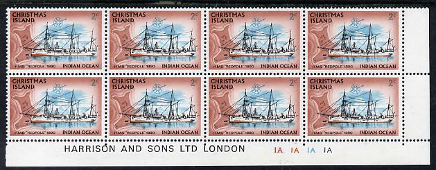 Christmas Island 1972-73 Ships - 2c HMS Redpole SE corner block of 8 with Harrison & Sons imprint & cyl nos 1A x 4 unmounted mint but minor wrinkles in margin as SG 38, stamps on ships