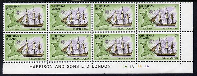 Christmas Island 1972-73 Ships - 7c Asia SE corner block of 8 with Harrison & Sons imprint & cyl nos 1A x 4 unmounted mint but minor wrinkles in margin as SG 43, stamps on ships