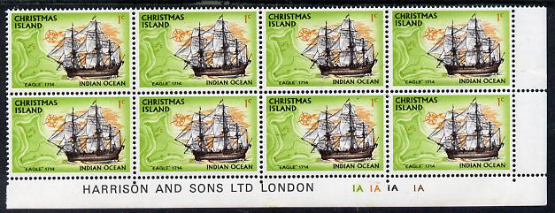 Christmas Island 1972-73 Ships - 1c Eagle SE corner block of 8 with Harrison & Sons imprint & cyl nos 1A x 4 unmounted mint but minor wrinkles in margin as SG 37, stamps on ships