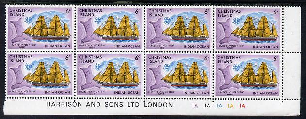 Christmas Island 1972-73 Ships - 6c HMS Flying Fish SE corner block of 8 with Harrison & Sons imprint & cyl nos 1A x 5 unmounted mint but minor wrinkles in margin as SG 42, stamps on ships