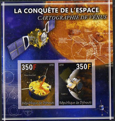 Djibouti 2013 Conquest of Space - The Mapping of Venus imperf sheetlet containing 2 values unmounted mint, stamps on space, stamps on satellites, stamps on venus, stamps on planets, stamps on 