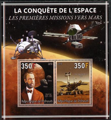 Djibouti 2013 Conquest of Space - First Missions to Mars perf sheetlet containing 2 values unmounted mint, stamps on , stamps on  stamps on space, stamps on  stamps on rockets, stamps on  stamps on satellites, stamps on  stamps on mars, stamps on  stamps on planets