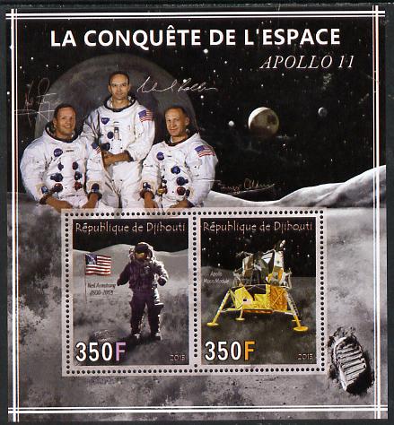 Djibouti 2013 Conquest of Space - Apollo 11 perf sheetlet containing 2 values unmounted mint, stamps on , stamps on  stamps on space, stamps on  stamps on moon, stamps on  stamps on apollo, stamps on  stamps on flags