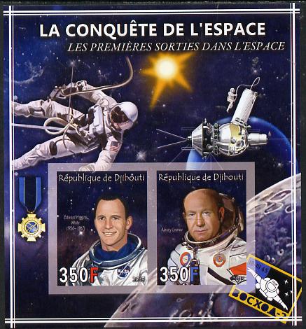 Djibouti 2013 Conquest of Space - First Space Walks imperf sheetlet containing 2 values unmounted mint, stamps on space, stamps on satellites, stamps on medals