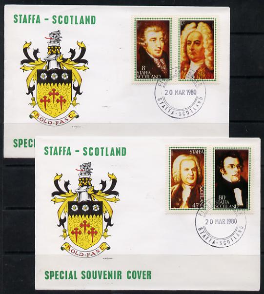 Staffa 1980 Composers (Haydn, Handel, Schubert & Bach) perf set of 4 on 2 illustrated covers with first day cancels, stamps on music, stamps on personalities, stamps on composers, stamps on opera, stamps on bach