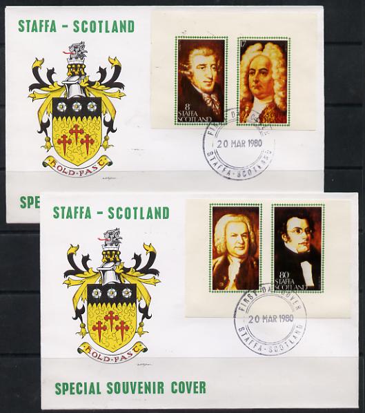 Staffa 1980 Composers (Haydn, Handel, Schubert & Bach) imperf set of 4 on 2 illustrated covers with first day cancels, stamps on , stamps on  stamps on music, stamps on  stamps on personalities, stamps on  stamps on composers, stamps on  stamps on opera, stamps on  stamps on bach