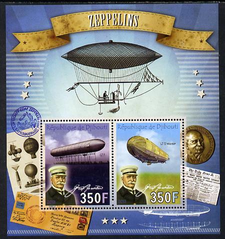 Djibouti 2013 Zeppelins perf sheetlet containing two values unmounted mint, stamps on aviation, stamps on airships, stamps on zeppelins