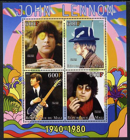 Mali 2013 John Lennon perf sheetlet containing four values unmounted mint, stamps on , stamps on  stamps on personalities, stamps on  stamps on shaped, stamps on  stamps on circular, stamps on  stamps on beatles, stamps on  stamps on rock, stamps on  stamps on pops, stamps on  stamps on music, stamps on  stamps on lennon