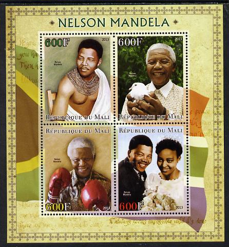 Mali 2013 Nelson Mandela #1 perf sheetlet containing four values unmounted mint, stamps on personalities, stamps on shaped, stamps on circular, stamps on mandela, stamps on peace, stamps on human rights, stamps on doves, stamps on nobel