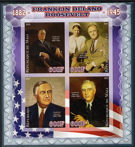 Mali 2013 Franklin D Roosevelt imperf sheetlet containing four values unmounted mint, stamps on personalities, stamps on shaped, stamps on circular, stamps on roosevelt, stamps on usa presidents, stamps on americana, stamps on dogs, stamps on flags
