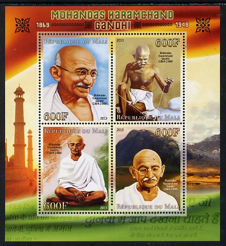 Mali 2013 Mahatma Gandhi perf sheetlet containing four values unmounted mint, stamps on personalities, stamps on shaped, stamps on circular, stamps on gandhi