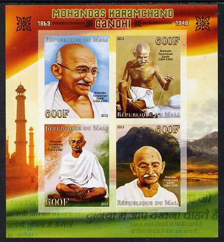 Mali 2013 Mahatma Gandhi imperf sheetlet containing four values unmounted mint, stamps on personalities, stamps on shaped, stamps on circular, stamps on gandhi