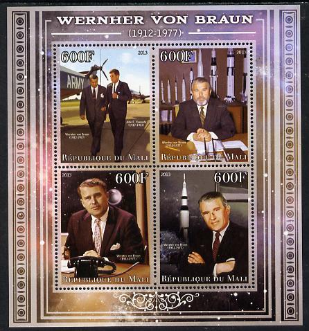 Mali 2013 Werner Von Braun perf sheetlet containing four values unmounted mint, stamps on personalities, stamps on shaped, stamps on circular, stamps on space, stamps on rockets
