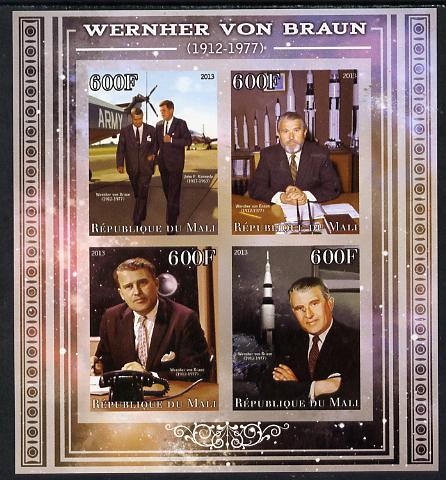 Mali 2013 Werner Von Braun imperf sheetlet containing four values unmounted mint, stamps on personalities, stamps on shaped, stamps on circular, stamps on space, stamps on rockets