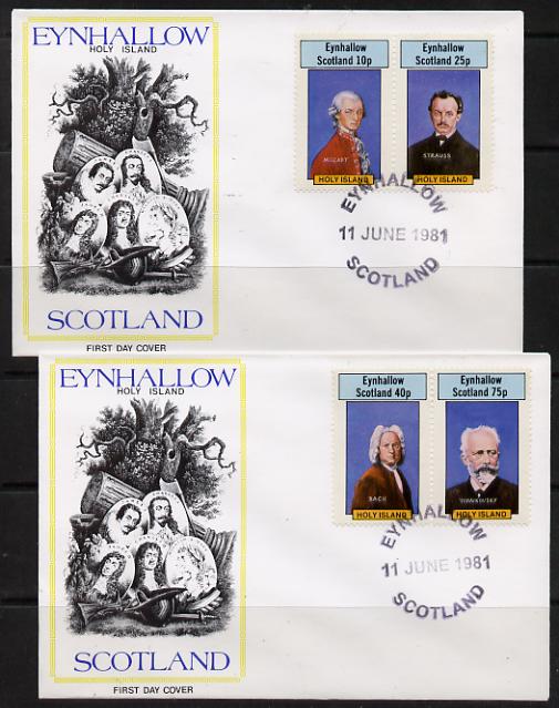 Eynhallow 1981 Composers (Mozart, Strauss, Bach & Tchaikovski) perf set of 4 on two illustrated covers with first day cancels, stamps on music, stamps on personalities, stamps on composers, stamps on masonics, stamps on  law , stamps on opera, stamps on personalities, stamps on mozart, stamps on music, stamps on composers, stamps on masonics, stamps on masonry, stamps on bach