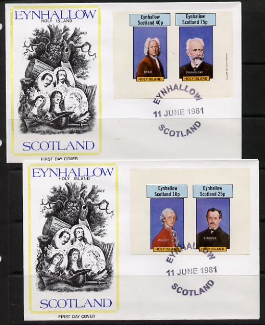 Eynhallow 1981 Composers (Mozart, Strauss, Bach & Tchaikovski) imperf set of 4 on two illustrated covers with first day cancels, stamps on music, stamps on personalities, stamps on composers, stamps on masonics, stamps on  law , stamps on opera, stamps on personalities, stamps on mozart, stamps on music, stamps on composers, stamps on masonics, stamps on masonry, stamps on bach