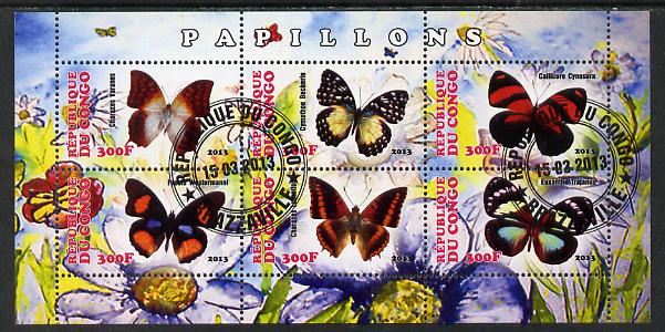 Congo 2013 Butterflies #4 perf sheetlet containing six values fine cto used, stamps on butterflies