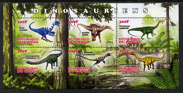 Congo 2013 Dinosaurs #2 perf sheetlet containing six values unmounted mint, stamps on dinosaurs