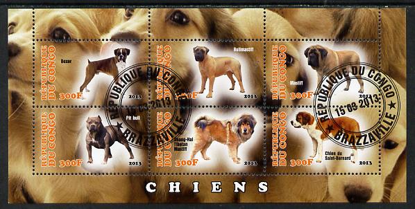 Congo 2013 Dogs #2 perf sheetlet containing six values fine cto used, stamps on dogs