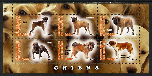 Congo 2013 Dogs #2 perf sheetlet containing six values unmounted mint, stamps on dogs