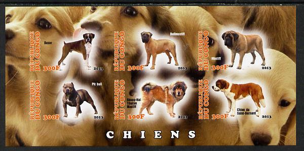 Congo 2013 Dogs #2 imperf sheetlet containing six values unmounted mint, stamps on dogs