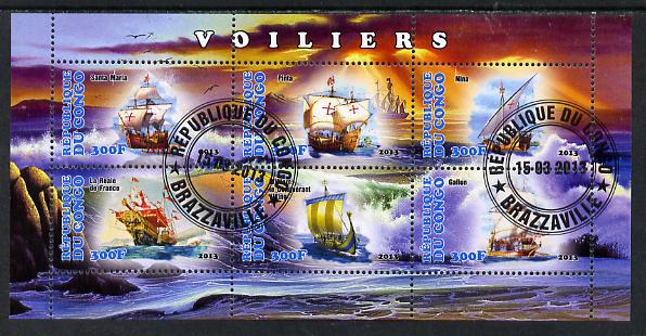 Congo 2013 Sailing Ships #2 perf sheetlet containing six values fine cto used, stamps on ships, stamps on columbus, stamps on vikings