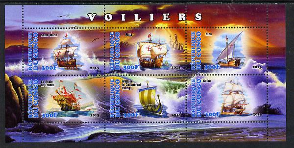 Congo 2013 Sailing Ships #2 perf sheetlet containing six values unmounted mint, stamps on ships, stamps on columbus, stamps on vikings