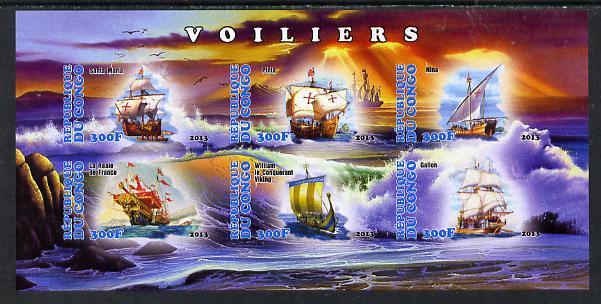 Congo 2013 Sailing Ships #2 imperf sheetlet containing six values unmounted mint, stamps on ships, stamps on columbus, stamps on vikings