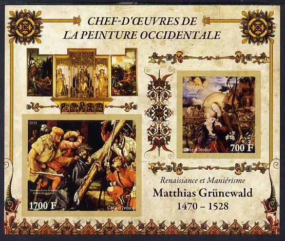 Ivory Coast 2013 Art Masterpieces from the Western World - Renaissance & Mannerism - Matthias Grunewald imperf sheetlet containing 2 values unmounted mint, stamps on arts, stamps on grunewald, stamps on renaissance, stamps on mannerism