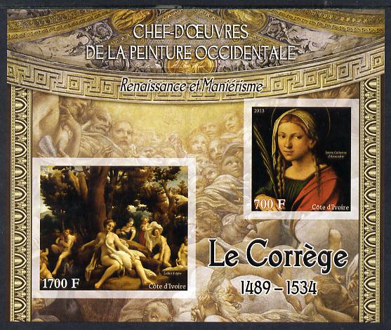 Ivory Coast 2013 Art Masterpieces from the Western World - Renaissance & Mannerism - Correggio imperf sheetlet containing 2 values unmounted mint, stamps on arts, stamps on correggio, stamps on renaissance, stamps on mannerism, stamps on nudes