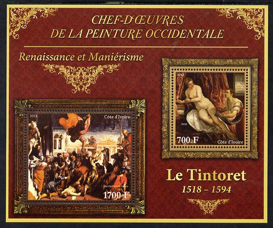 Ivory Coast 2013 Art Masterpieces from the Western World - Renaissance & Mannerism - Tintoretto perf sheetlet containing 2 values unmounted mint, stamps on arts, stamps on renaissance, stamps on mannerism, stamps on tintoretto, stamps on nudes