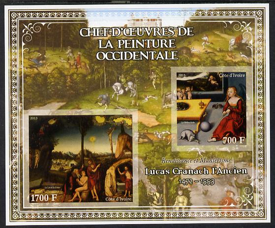 Ivory Coast 2013 Art Masterpieces from the Western World - Renaissance & Mannerism - Lucas Cranach (Cranach the Elder) imperf sheetlet containing 2 values unmounted mint, stamps on arts, stamps on renaissance, stamps on mannerism, stamps on cranach