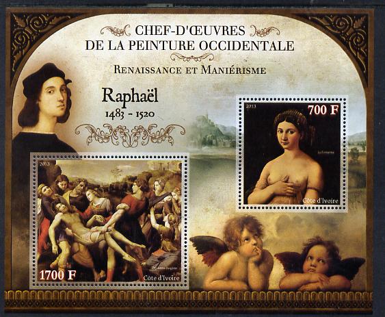 Ivory Coast 2013 Art Masterpieces from the Western World - Renaissance & Mannerism - Raphael perf sheetlet containing 2 values unmounted mint, stamps on arts, stamps on renaissance, stamps on mannerism, stamps on raphael, stamps on nudes