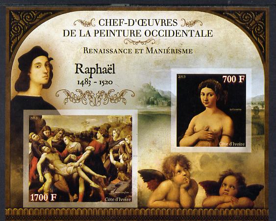 Ivory Coast 2013 Art Masterpieces from the Western World - Renaissance & Mannerism - Raphael imperf sheetlet containing 2 values unmounted mint, stamps on arts, stamps on renaissance, stamps on mannerism, stamps on raphael, stamps on nudes